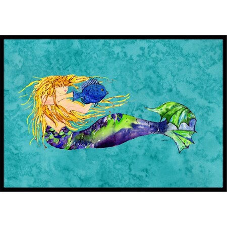 Carolines Treasures Blonde Mermaid On Teal Indoor and Outdoor Mat- 24 x 36 in. 8724JMAT